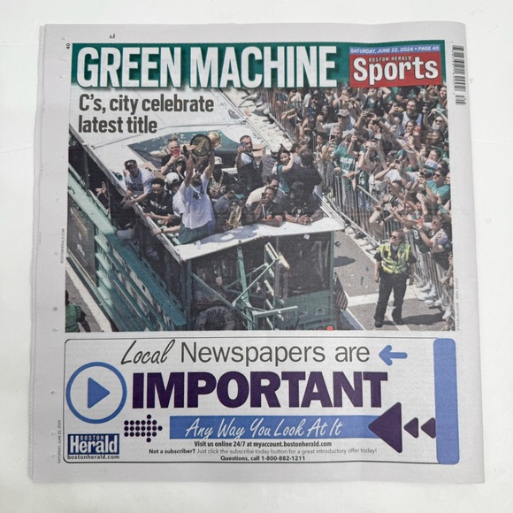 Boston Celtics 6/22/2024 Parade WIN CITY NBA Champions Boston Herald Newspaper - Picture 2 of 6